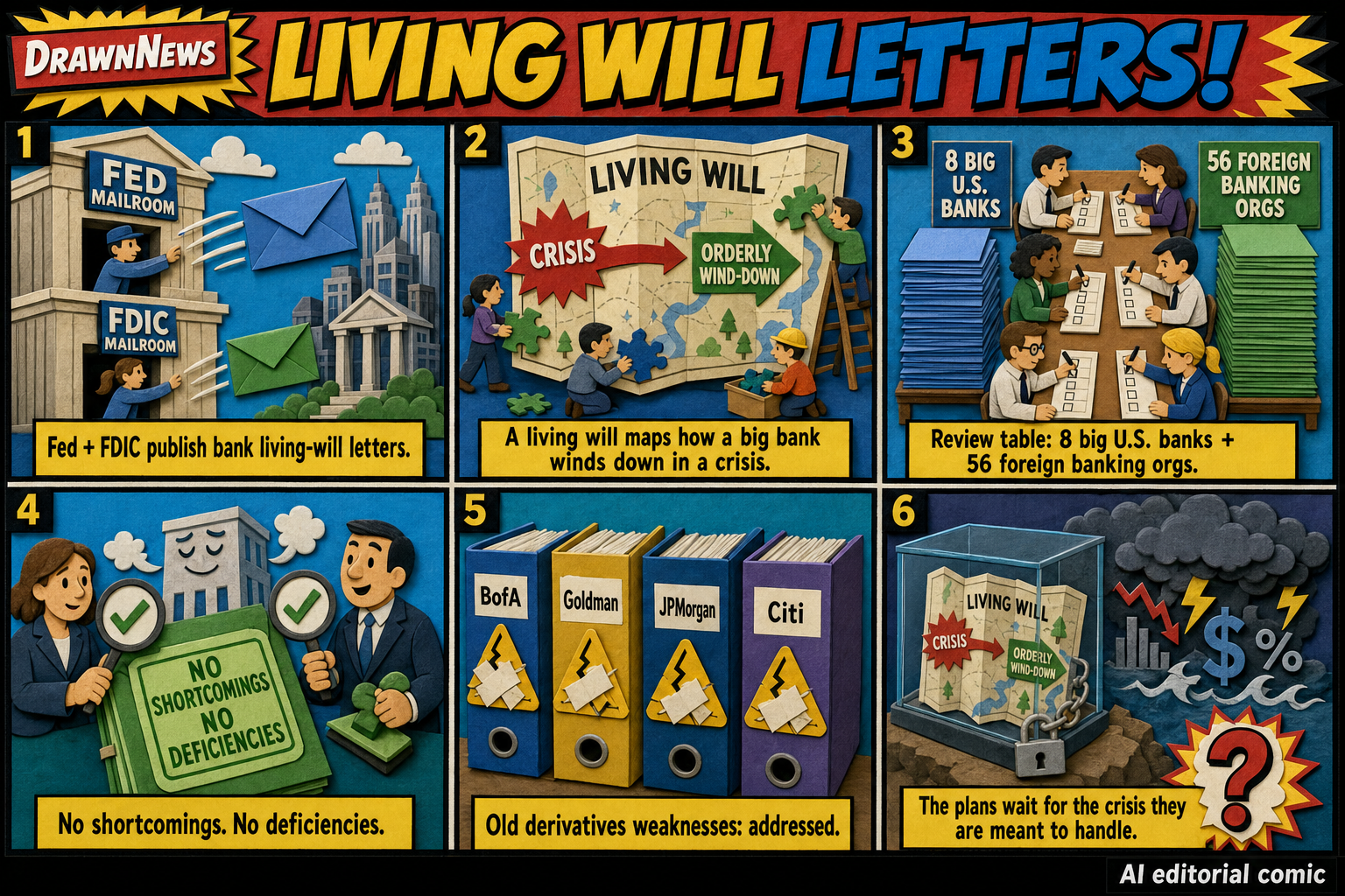 DrawnNews comic: Banks get living-will feedback from Fed and FDIC