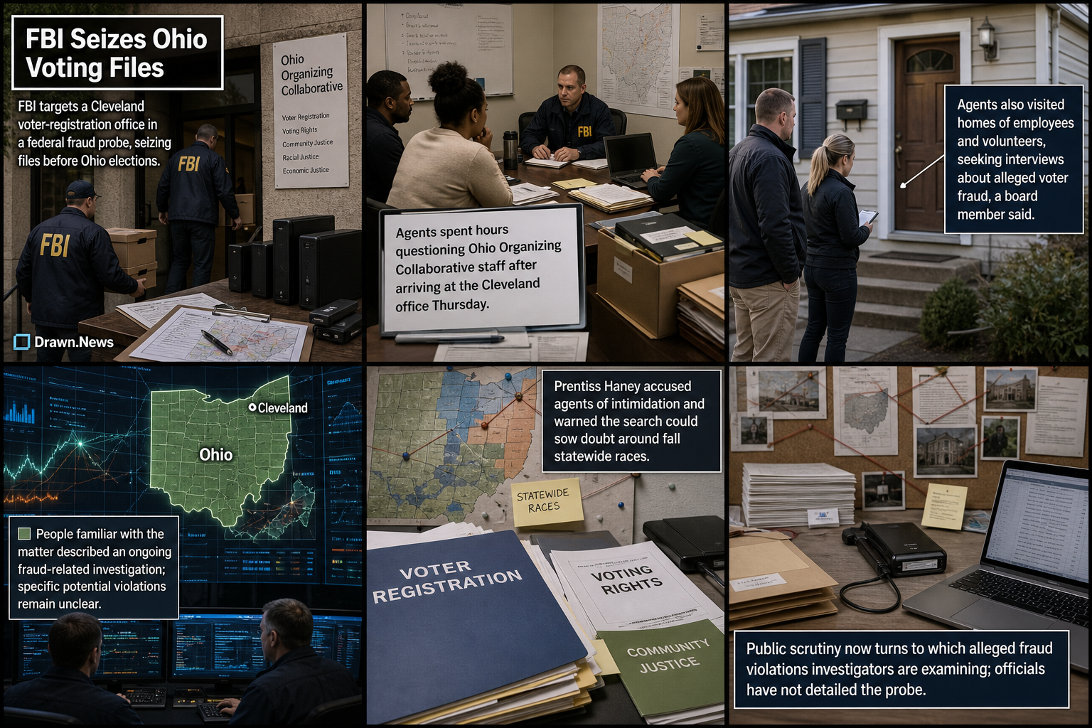 Drawn.News visual brief: FBI Seizes Files From Ohio Voting Group