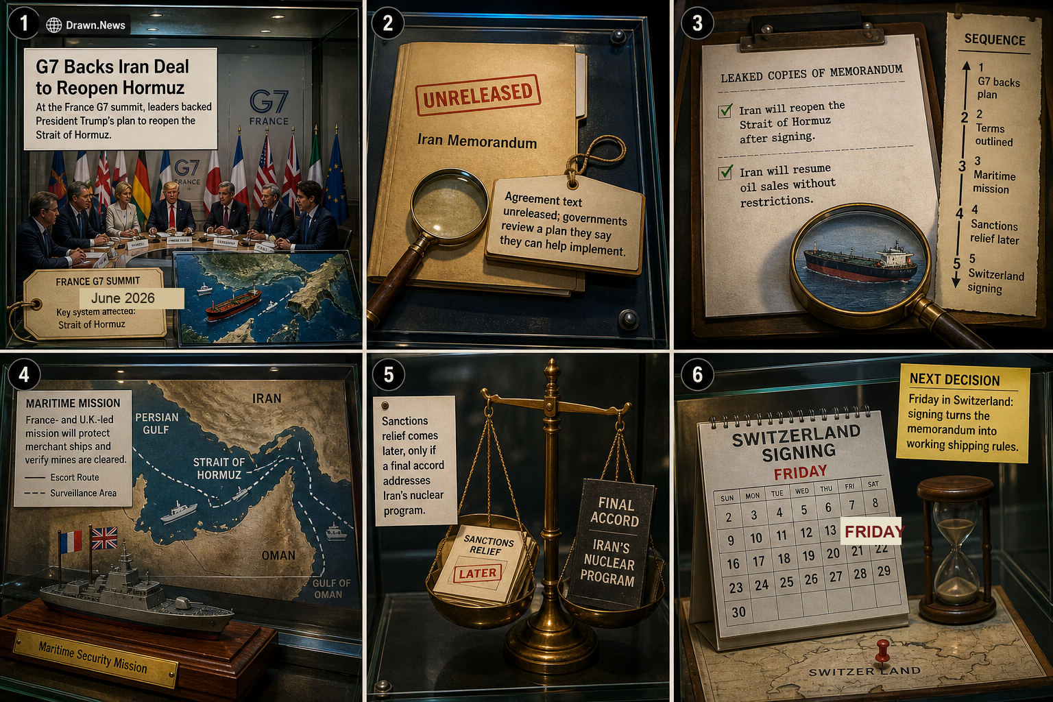 Drawn.News visual brief: G7 Backs Iran Deal to Reopen Hormuz
