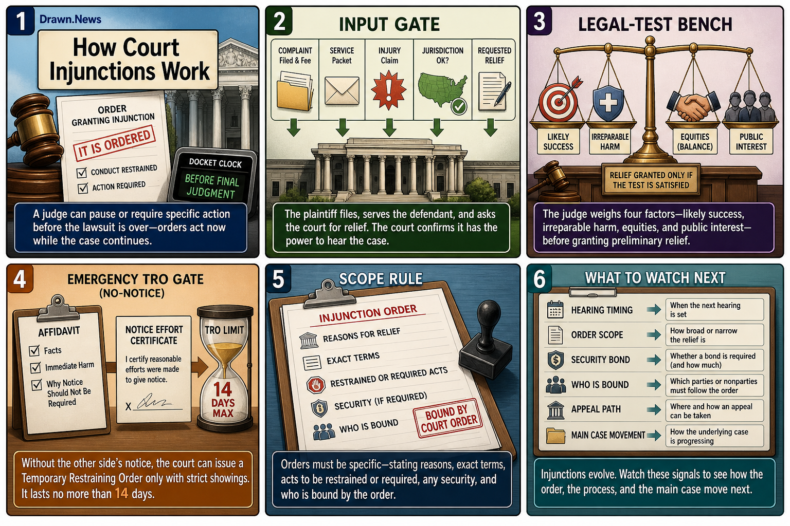 Drawn.News visual brief: How Court Injunctions Work