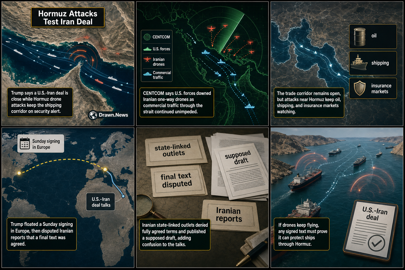 Drawn.News visual brief: Trump Says Iran Deal Near as Hormuz Attacks Threaten Shipping