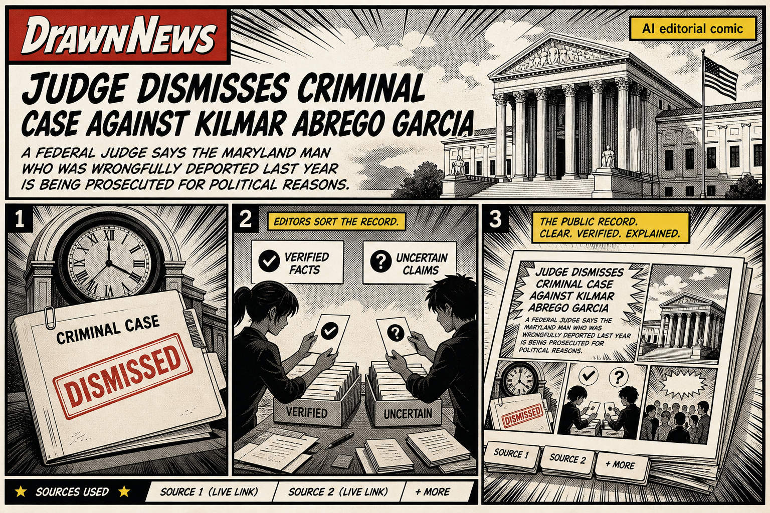 AI editorial comic: Judge dismisses criminal case against Kilmar Abrego Garcia