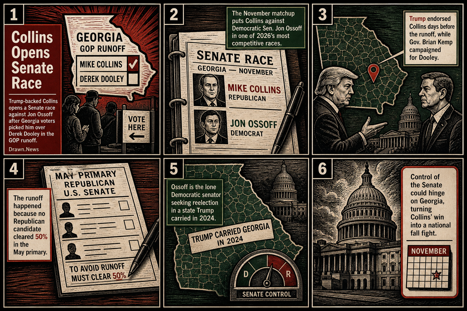 Drawn.News visual brief: Mike Collins wins Georgia runoff, opening Senate-control race
