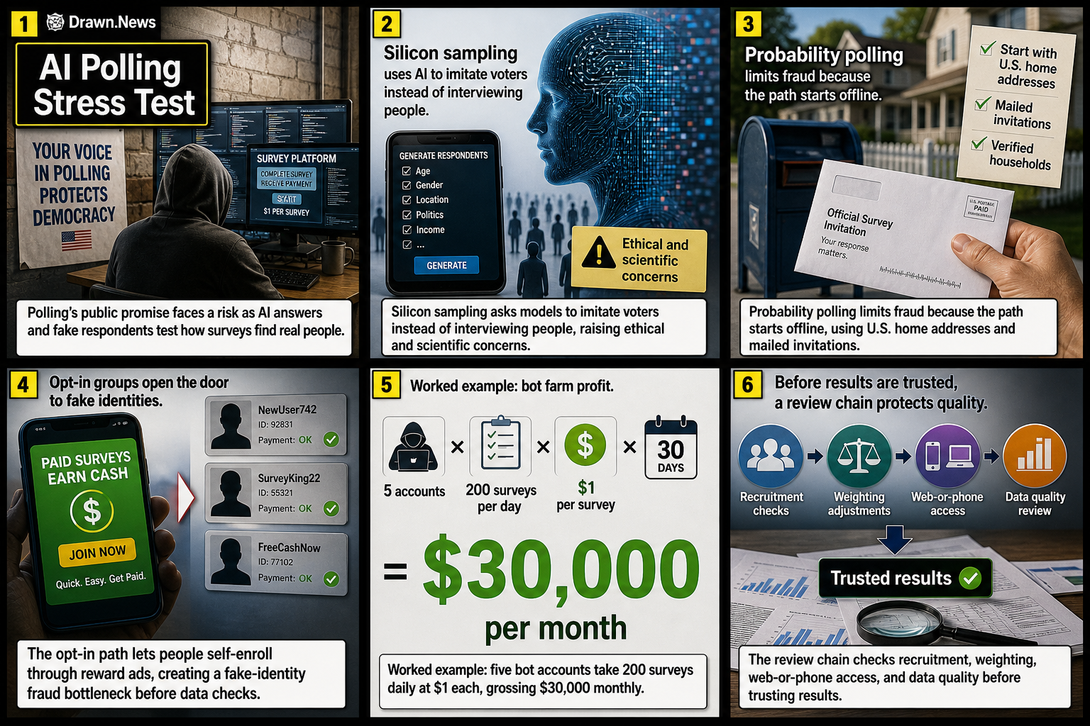 Drawn.News visual brief: Q&A: Do AI and Bogus Respondents Threaten Polling’s Future
