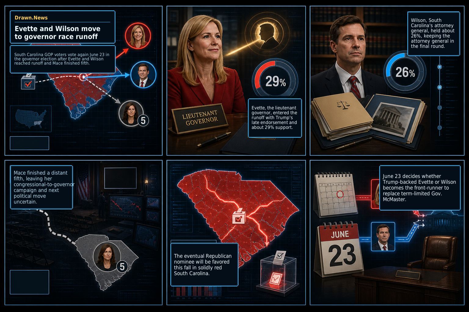 Drawn.News visual brief: Evette and Wilson move to South Carolina governor race runoff