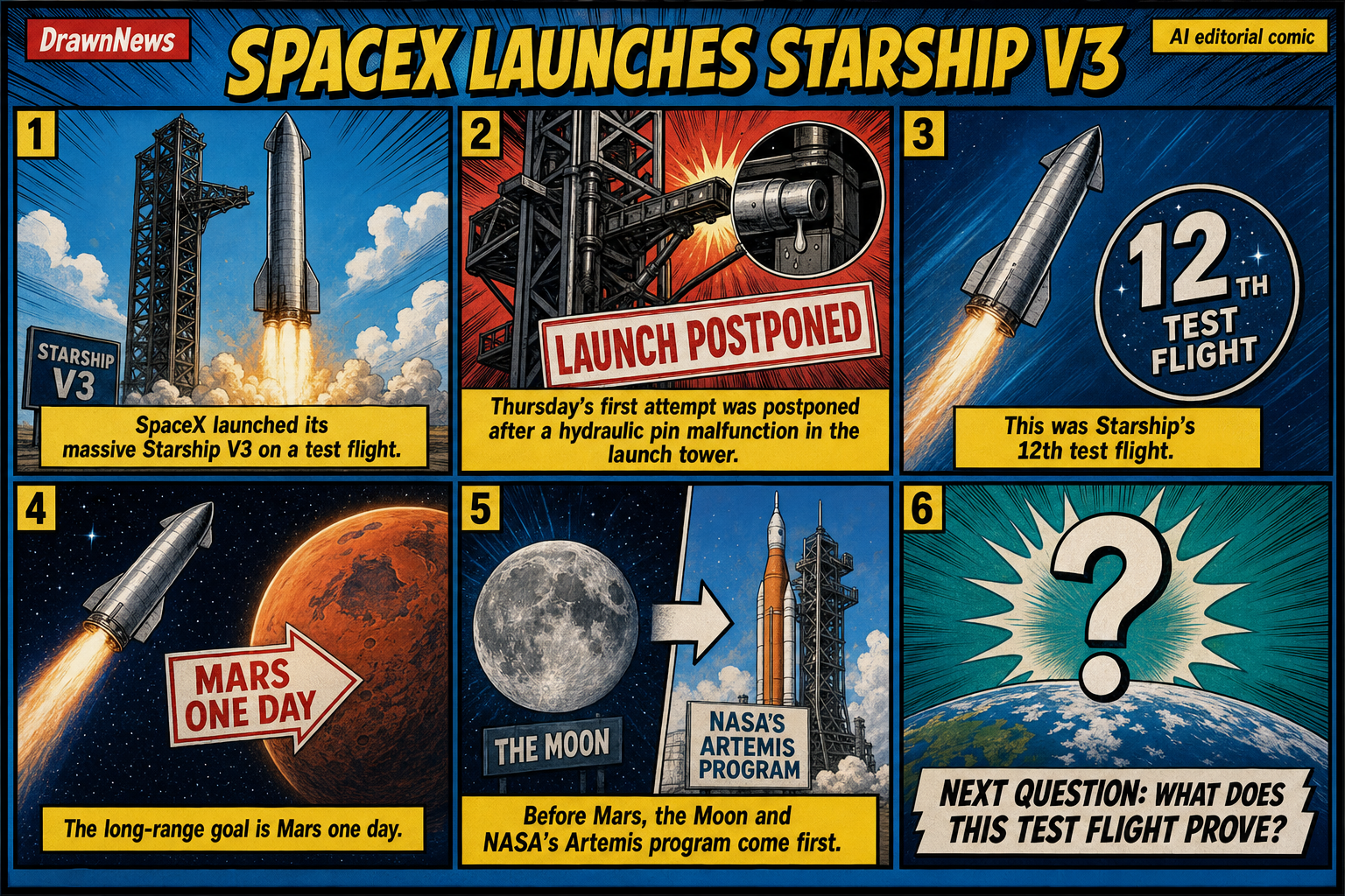 AI editorial comic: SpaceX launches massive Starship V3 rocket on test flight