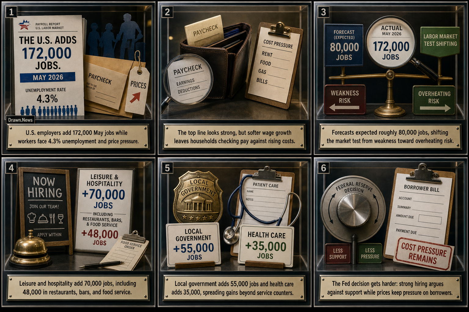 Drawn.News visual brief: The U.S. adds 172,000 jobs. Many are in restaurants, bars and hotels