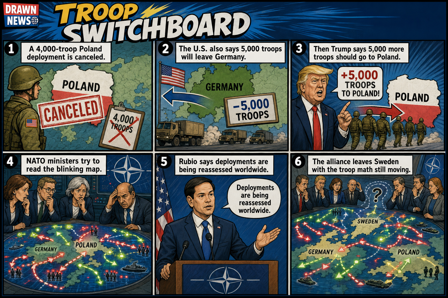 DrawnNews comic: Trump's Poland troop switch confuses NATO allies