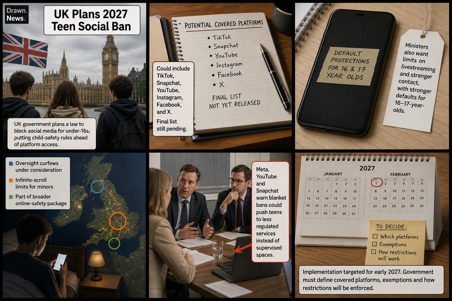 Drawn.News visual brief: UK sets 2027 teen social media ban as platforms warn of enforcement gaps