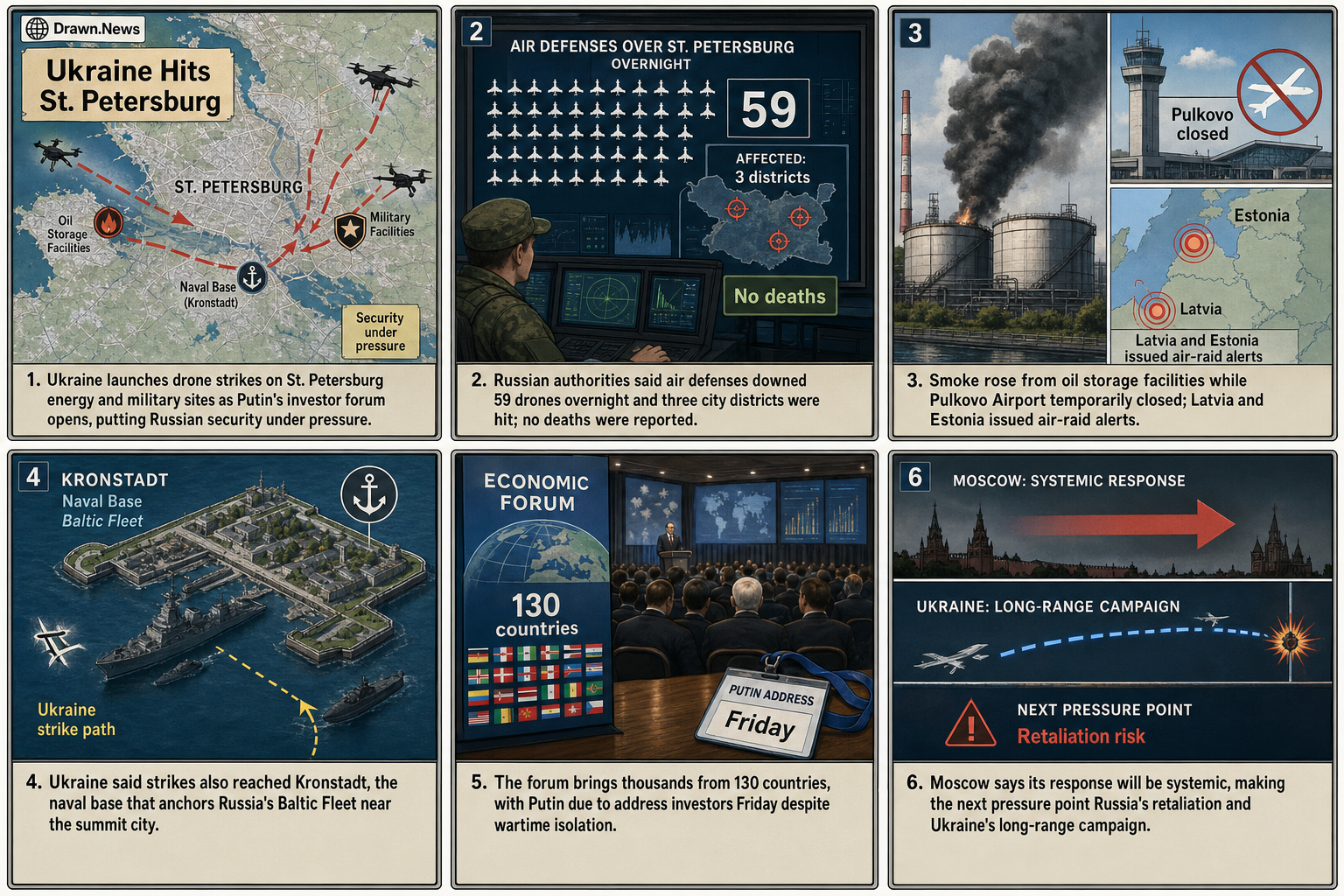 Drawn.News visual brief: Ukraine Hits St. Petersburg With Massive Wave of Drones