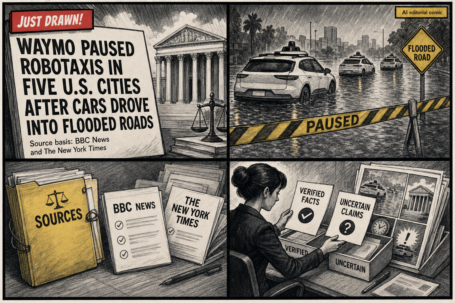 AI editorial comic: Waymo pauses robotaxis in five US cities after cars drive into flooded roads