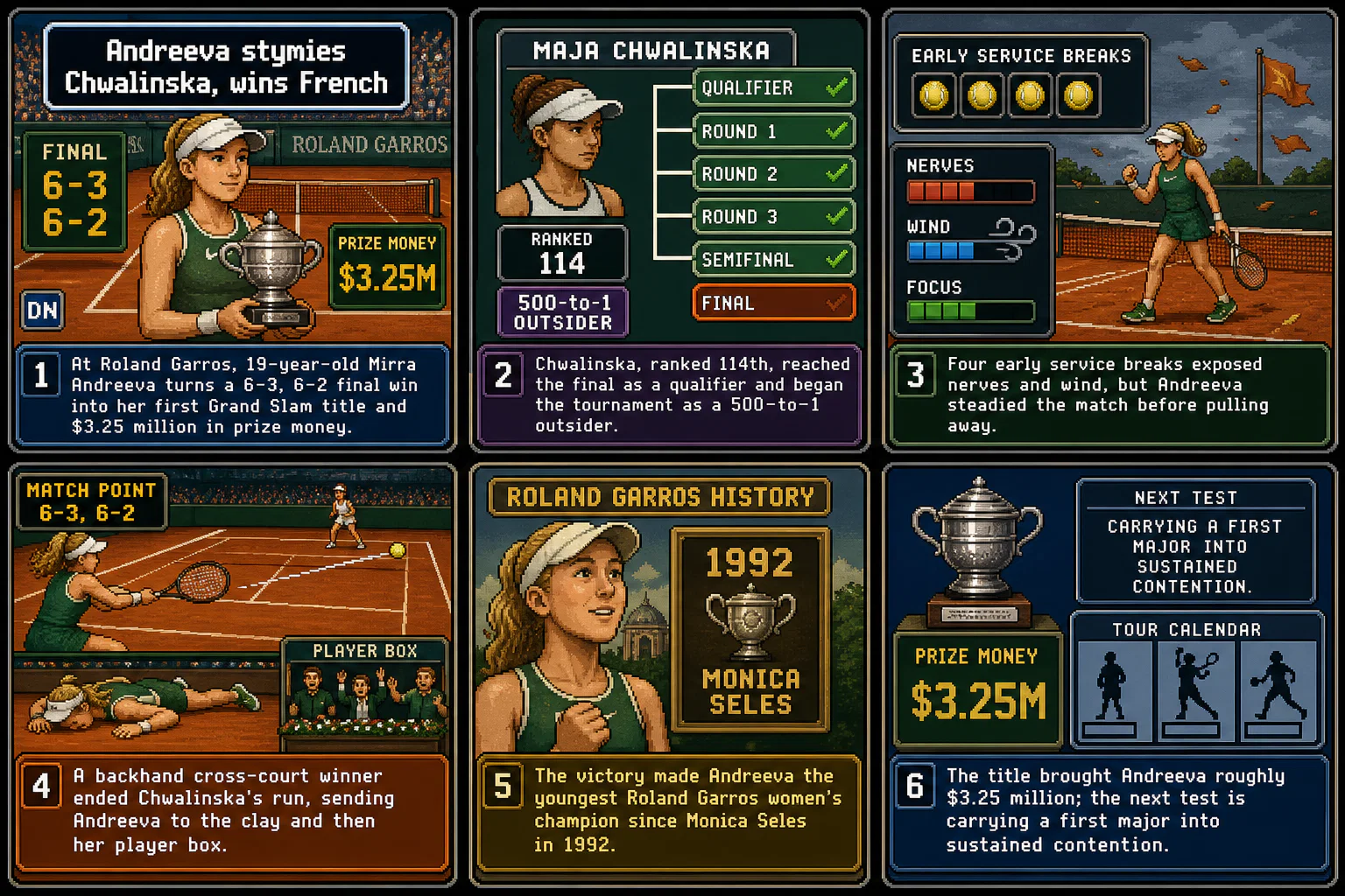 Drawn.News visual brief: Andreeva stymies Chwalinska, wins French Open