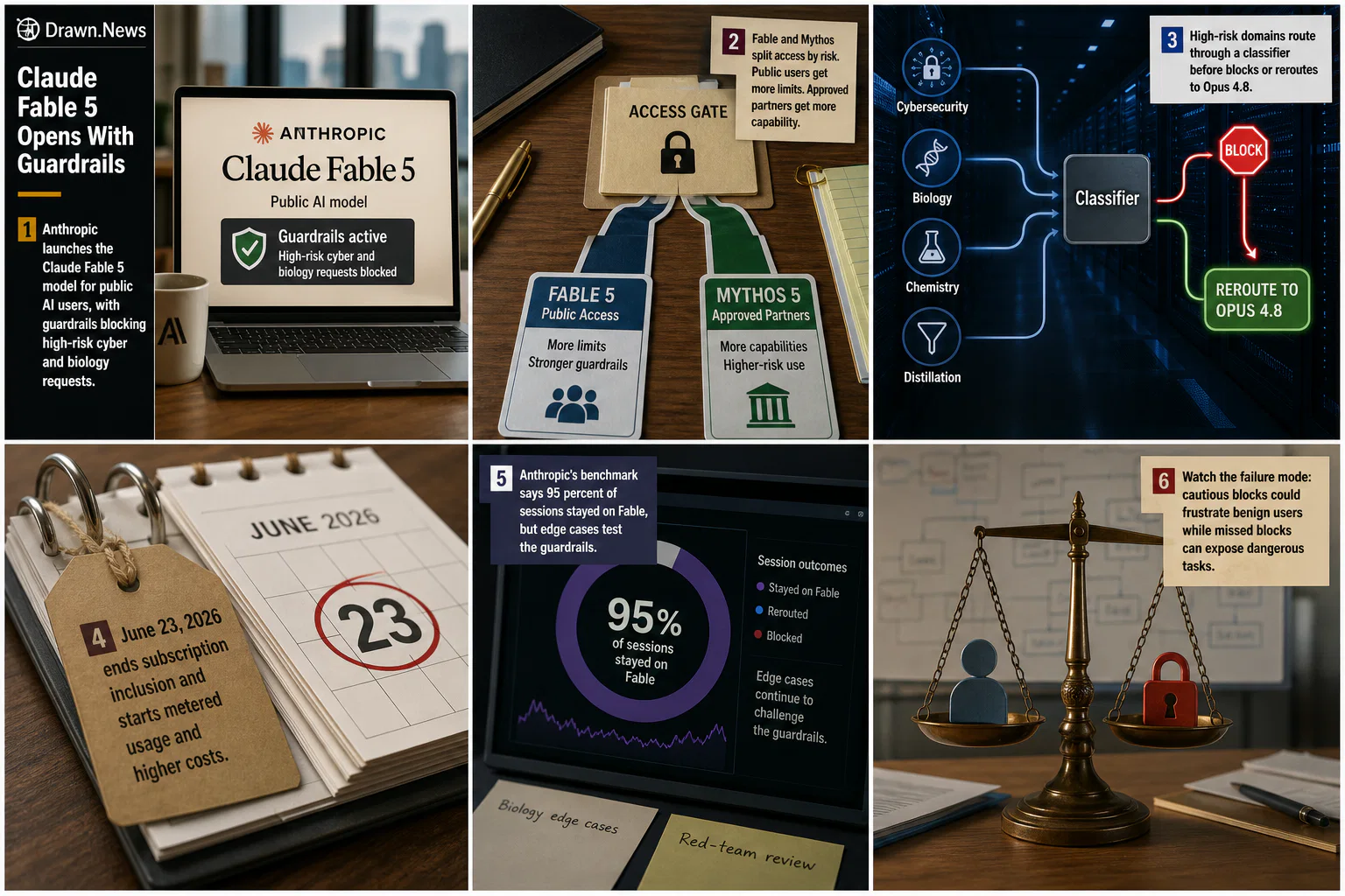 Drawn.News visual brief: Claude Fable 5 Opens with Guardrails
