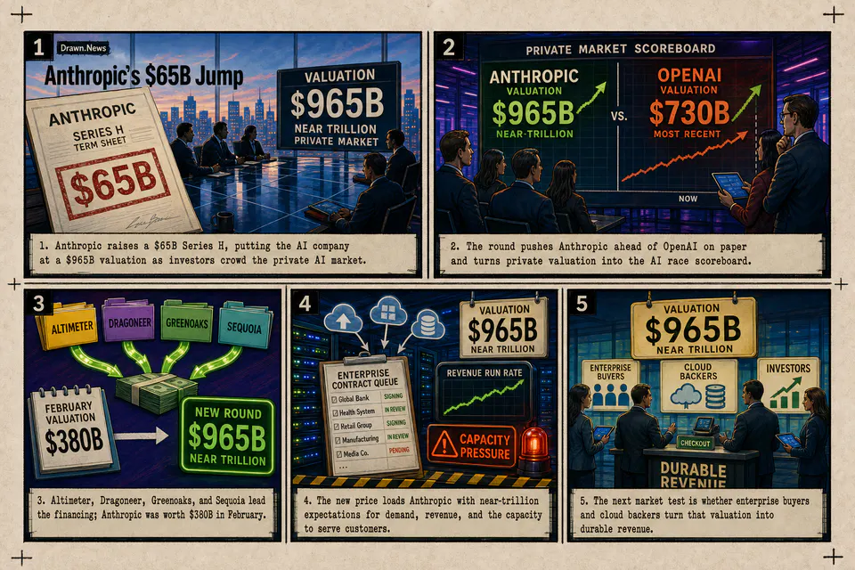 Drawn.News visual brief: Anthropic's $65B Jump