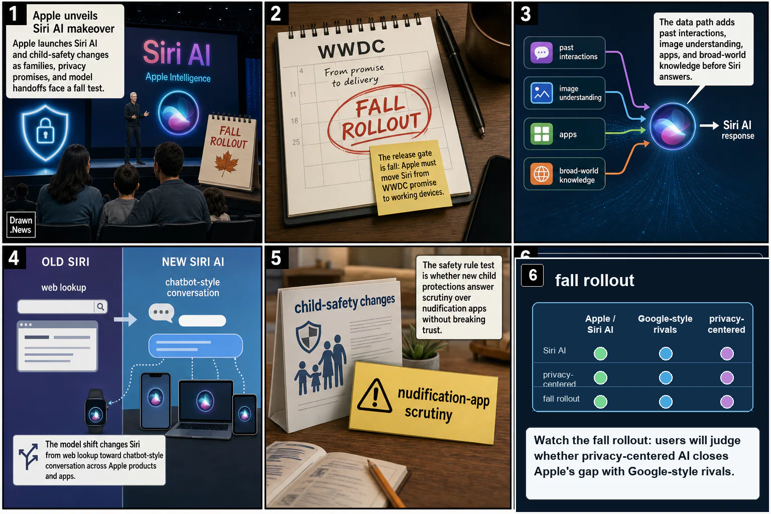 Drawn.News visual brief: Apple Unveils Siri AI Makeover as Tim Cook Bids Farewell