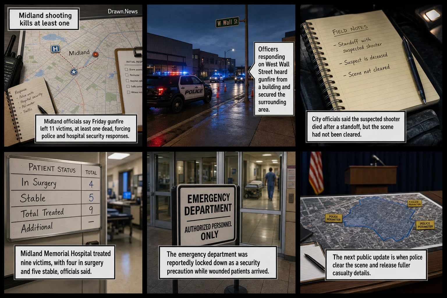 Drawn.News visual brief: Midland shooting kills at least one, hospitalizes nine