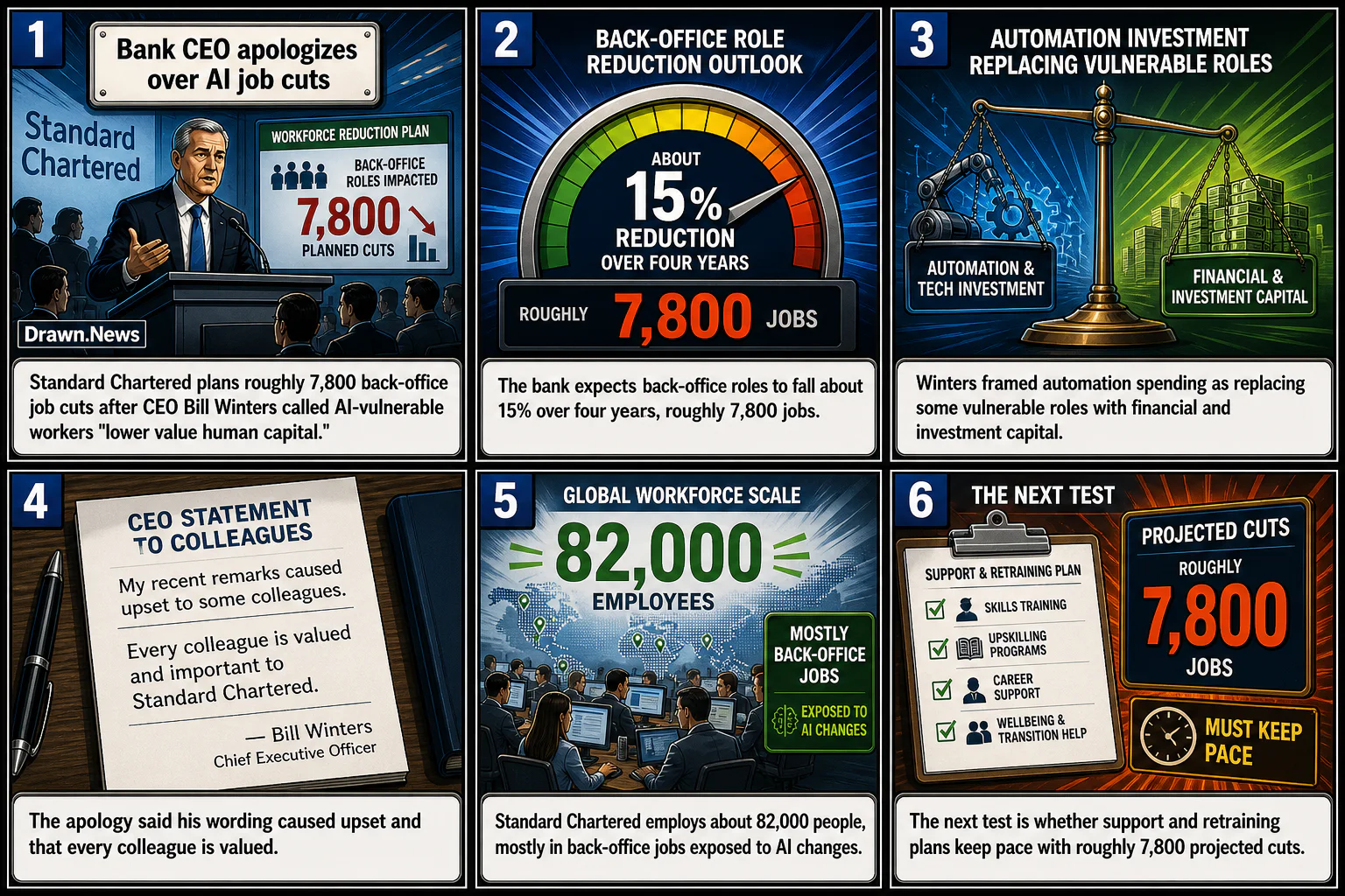 Drawn.News visual brief: Bank CEO apologizes over AI job cuts