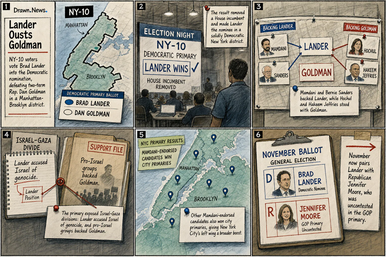 Drawn.News visual brief: Lander Wins NY-10 Primary, Ousting Goldman