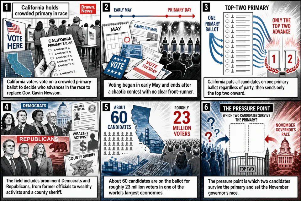 Drawn.News visual brief: California holds crowded primary in race