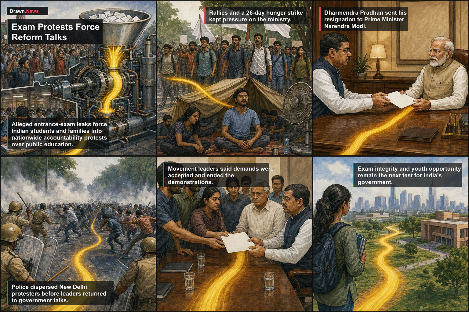 Drawn.News visual brief: Indian students force Pradhan resignation and exam reform talks