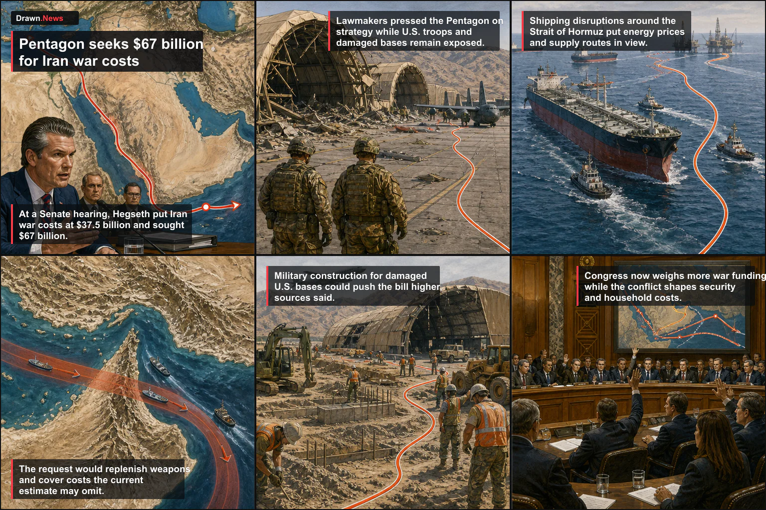 Drawn.News visual brief: Pentagon seeks $67 billion as Iran war strains U.S. troops and bases