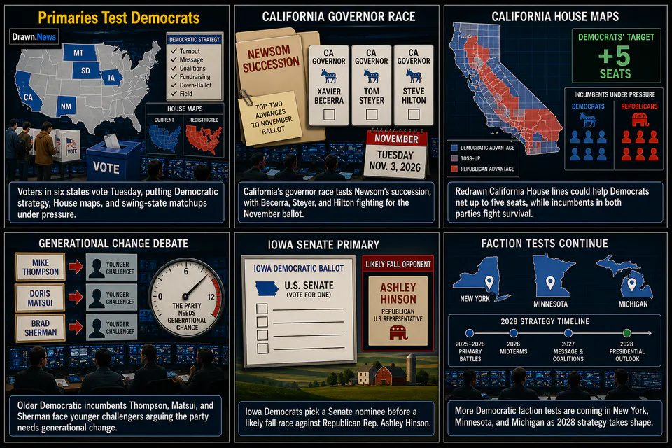 Drawn.News visual brief: Primaries Test Democrats