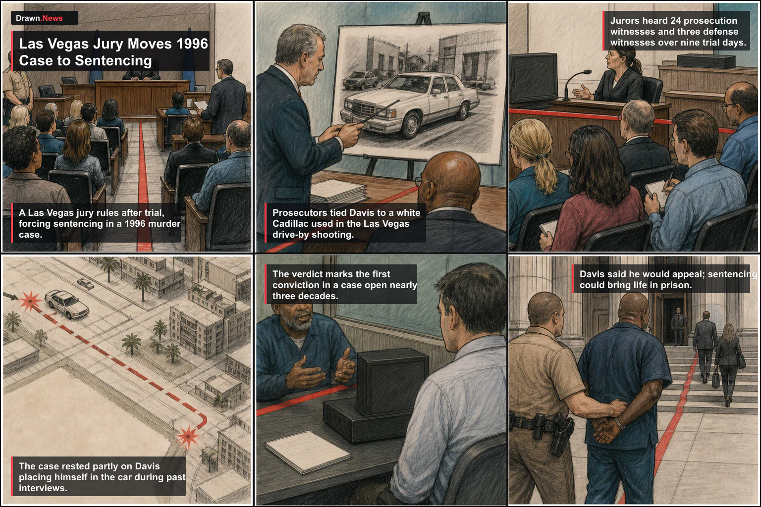 Drawn.News visual brief: Las Vegas Jury Convicts Duane Davis and Moves 1996 Case to Sentencing
