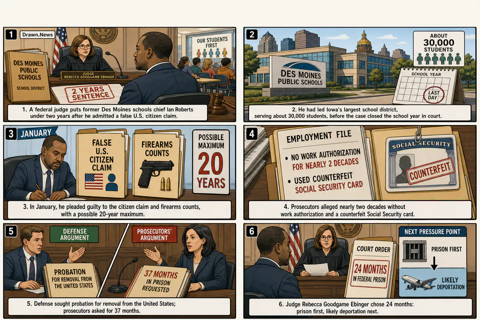 Drawn.News visual brief: Des Moines Superintendent Gets Two