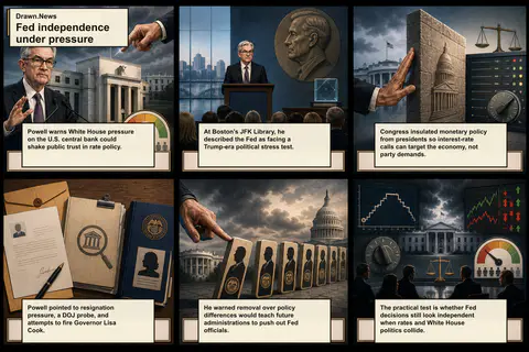 Drawn.News visual brief: Fed's Powell warns Trump's political 'stress test' will wreck public trust in central bank