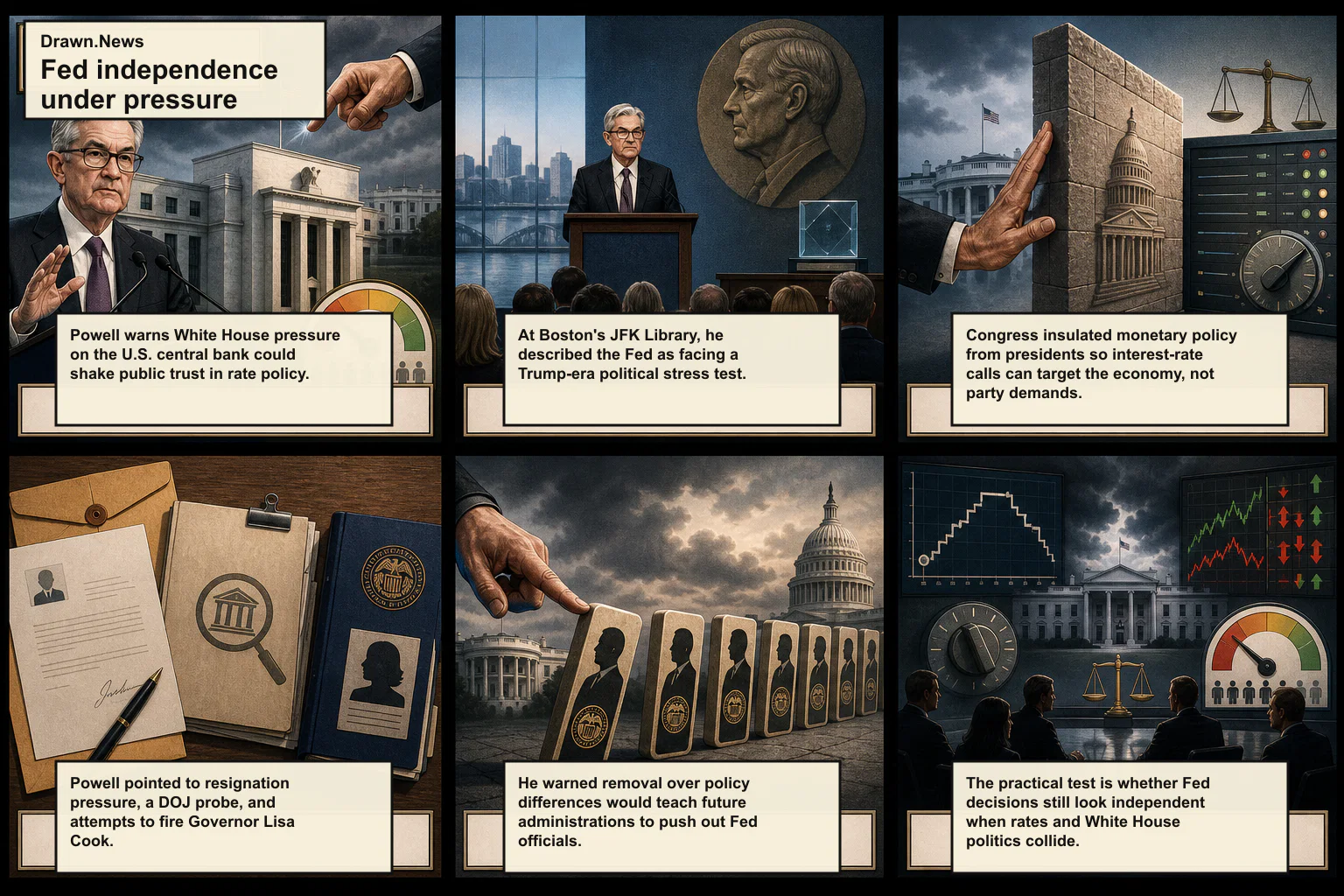 Drawn.News visual brief: Fed's Powell warns Trump's political 'stress test' will wreck public trust in central bank