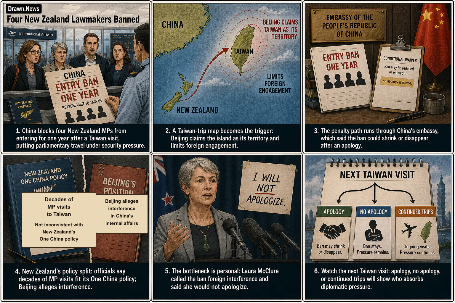 Drawn.News visual brief: Four New Zealand Lawmakers Banned from China After Taiwan Trip