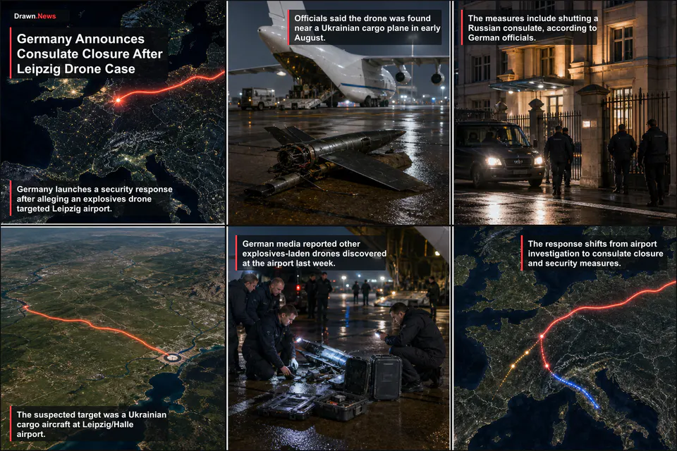 Drawn.News visual world: Germany Announces Consulate Closure After Leipzig Drone Case