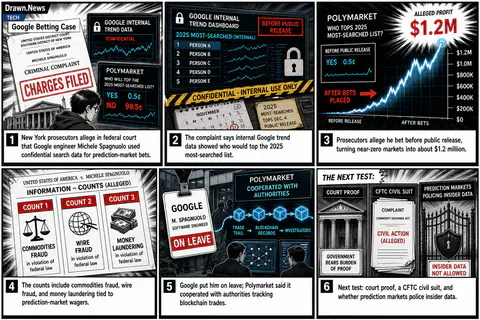 Drawn.News visual brief: Google employee charged with using insider data to rig bets on Polymarket