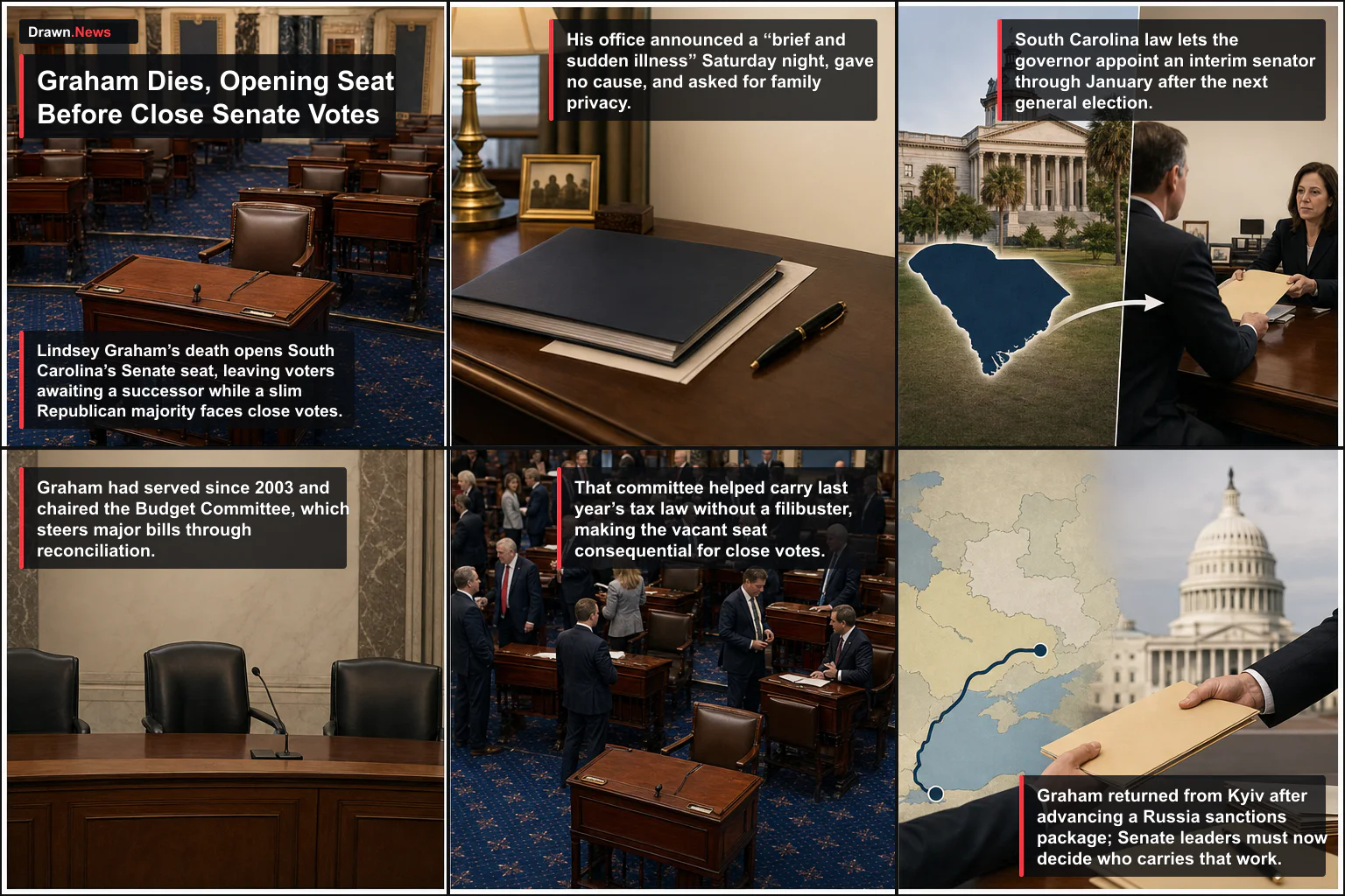 Drawn.News visual brief: Graham Dies, Opening Seat Before Close Senate Votes