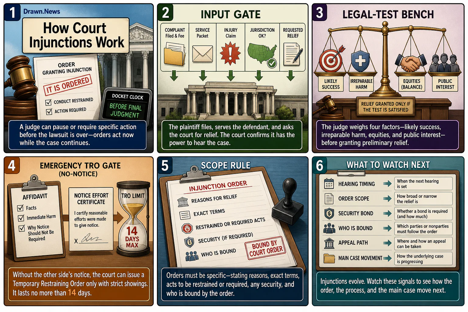 Drawn.News visual brief: How Court Injunctions Work