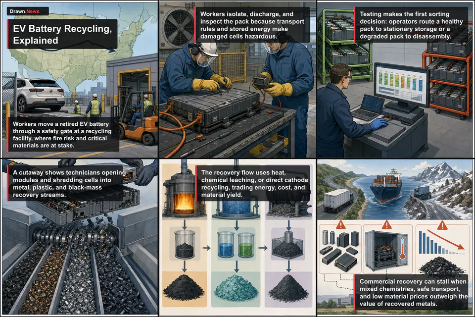 Drawn.News visual brief: EV Battery Recycling, Explained