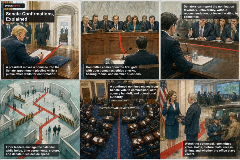 Drawn.News visual brief: Senate Confirmations, Explained