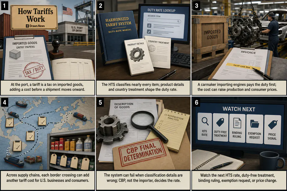 Drawn.News visual brief: How Tariffs Work