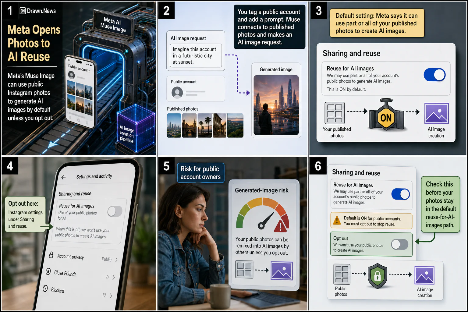 Drawn.News visual brief: Meta Opens Public Instagram Photos to AI Reuse