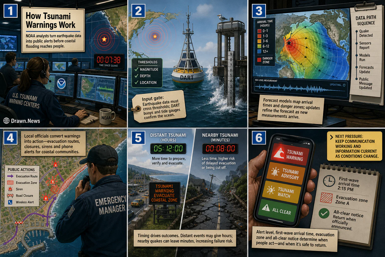 Drawn.News visual brief: How Tsunami Warnings Work