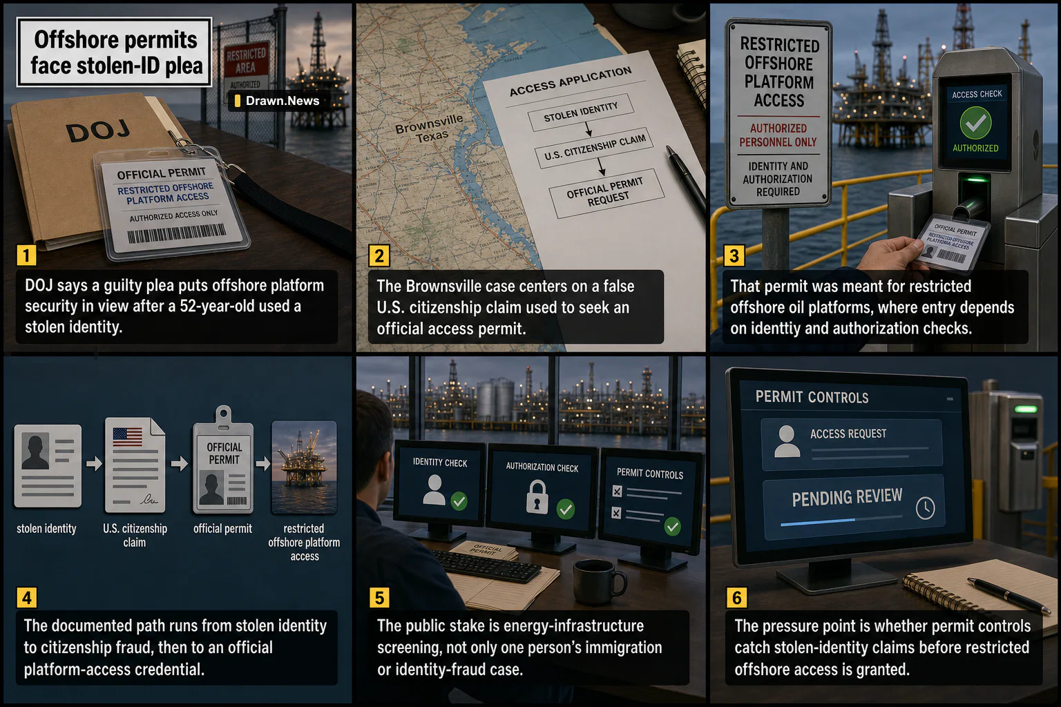Drawn.News visual brief: Offshore permits face stolen-ID plea