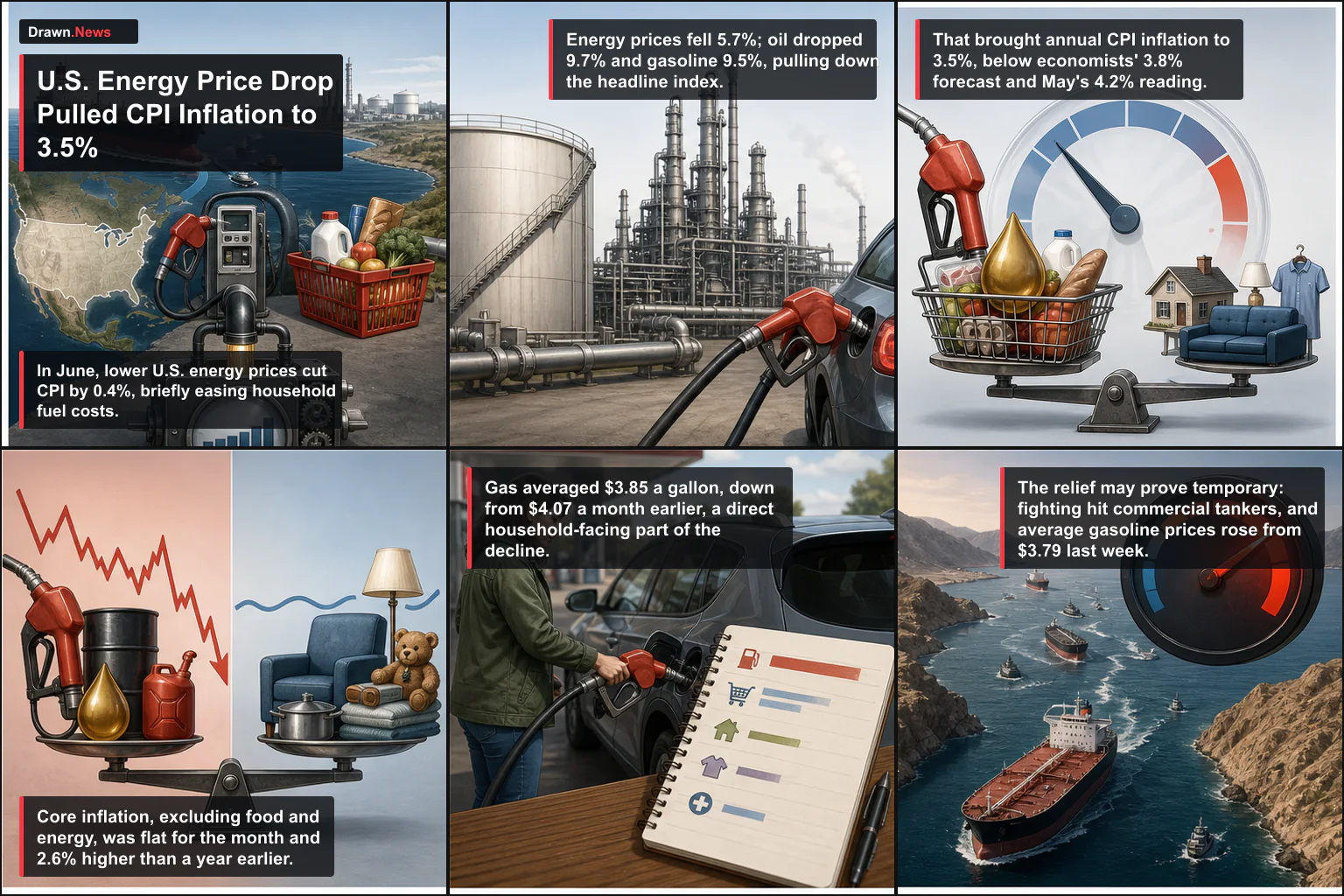 Drawn.News visual brief: U.S. Energy Price Drop Pulled CPI Inflation to 3.5%