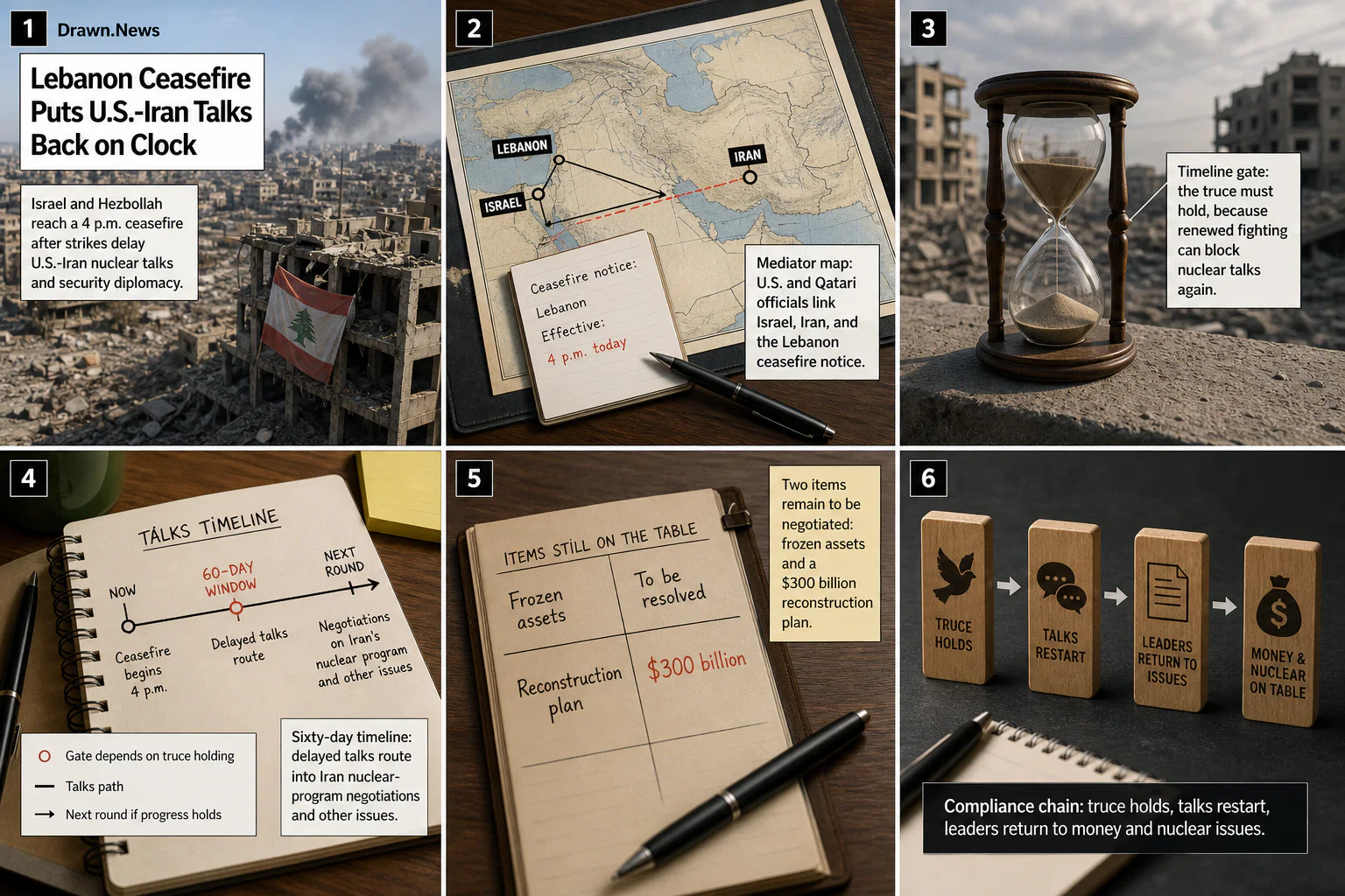 Drawn.News visual brief: Lebanon Ceasefire Puts U.S.-Iran Talks Back on Clock