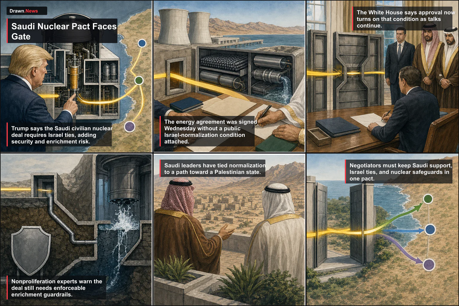 Drawn.News visual brief: Trump Adds Israel Condition to Saudi Nuclear Pact