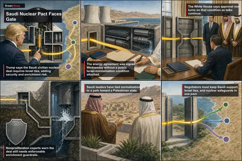 Drawn.News visual brief: Trump Adds Israel Condition to Saudi Nuclear Pact