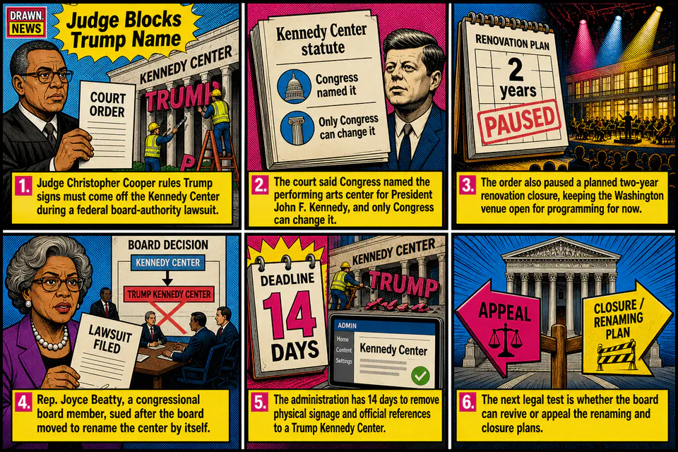 Drawn.News visual brief: Judge Blocks Trump Name