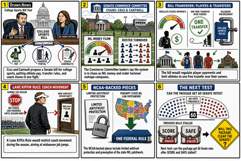 Drawn.News visual brief: Key Sens. Cruz, Cantwell look to break college sports logjam in Congress with a bipartisan bill