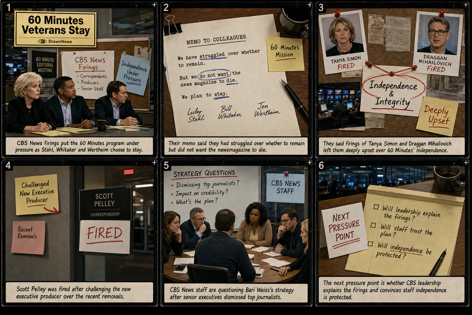 Drawn.News visual brief: Lesley Stahl, Bill Whitaker and Jon Wertheim say they’ll stay at ‘60 Minutes’