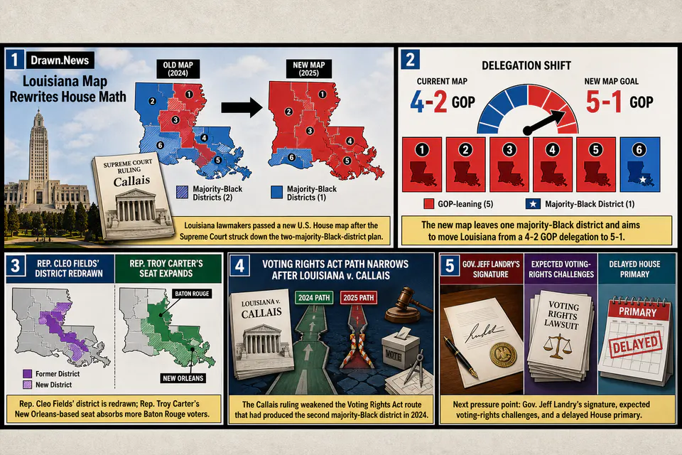 Drawn.News visual brief: Louisiana Map Rewrites House Math