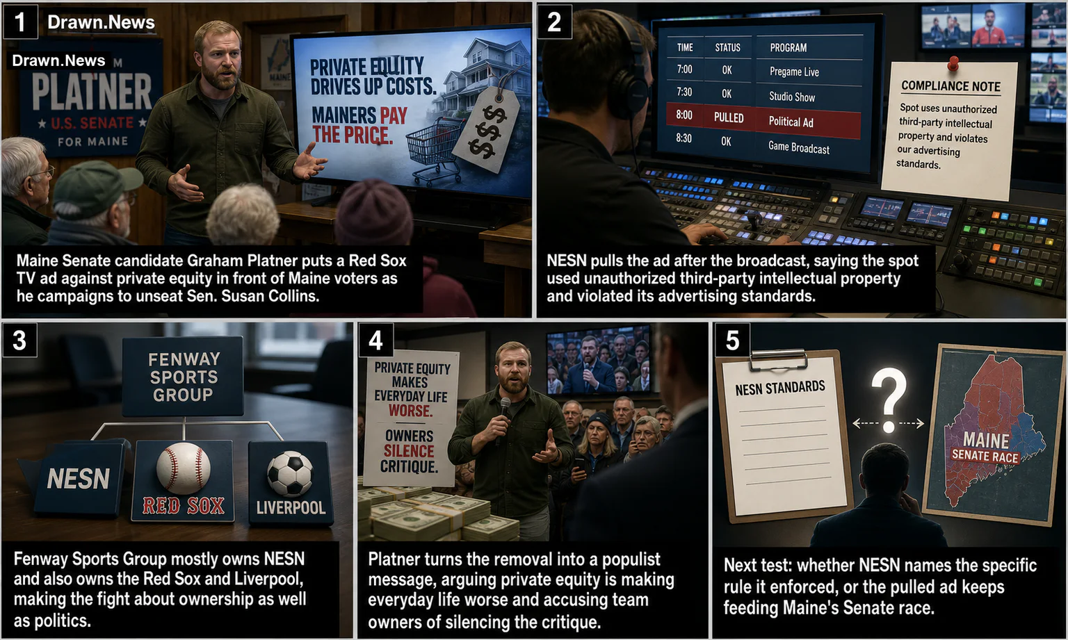 Drawn.News visual brief: Maine Senate candidate Graham Platner stands by ad slamming Red Sox over private equity